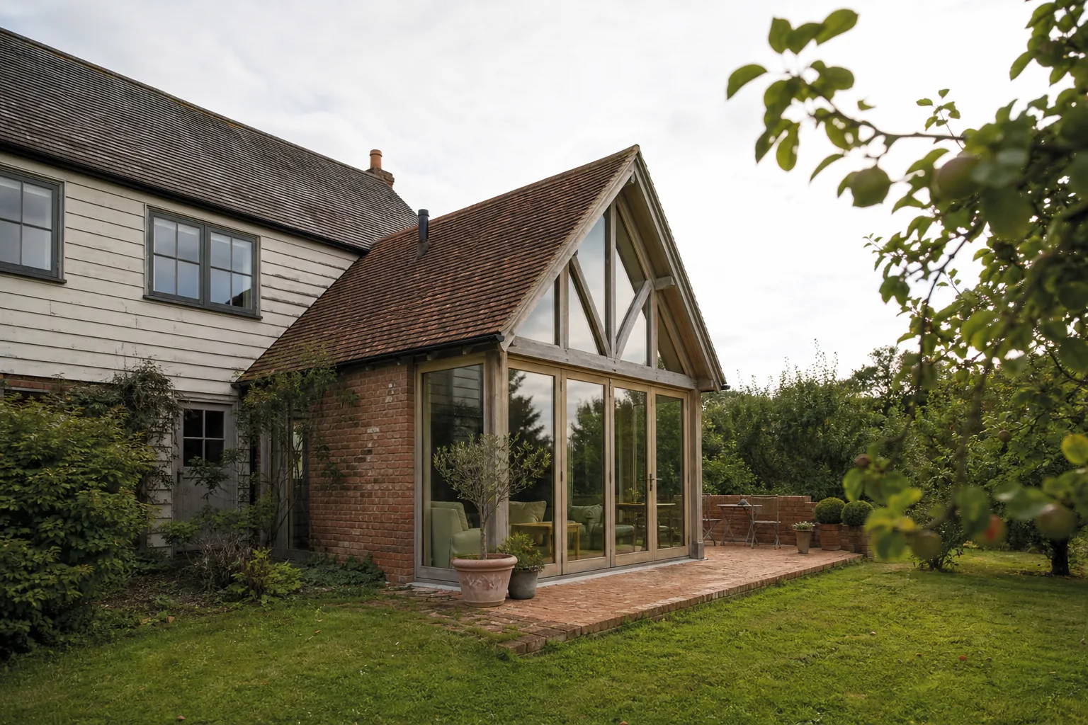 Reclaimed Brick and Oak Frame Rear Extension on a Farmhouse, Faversham, Kent