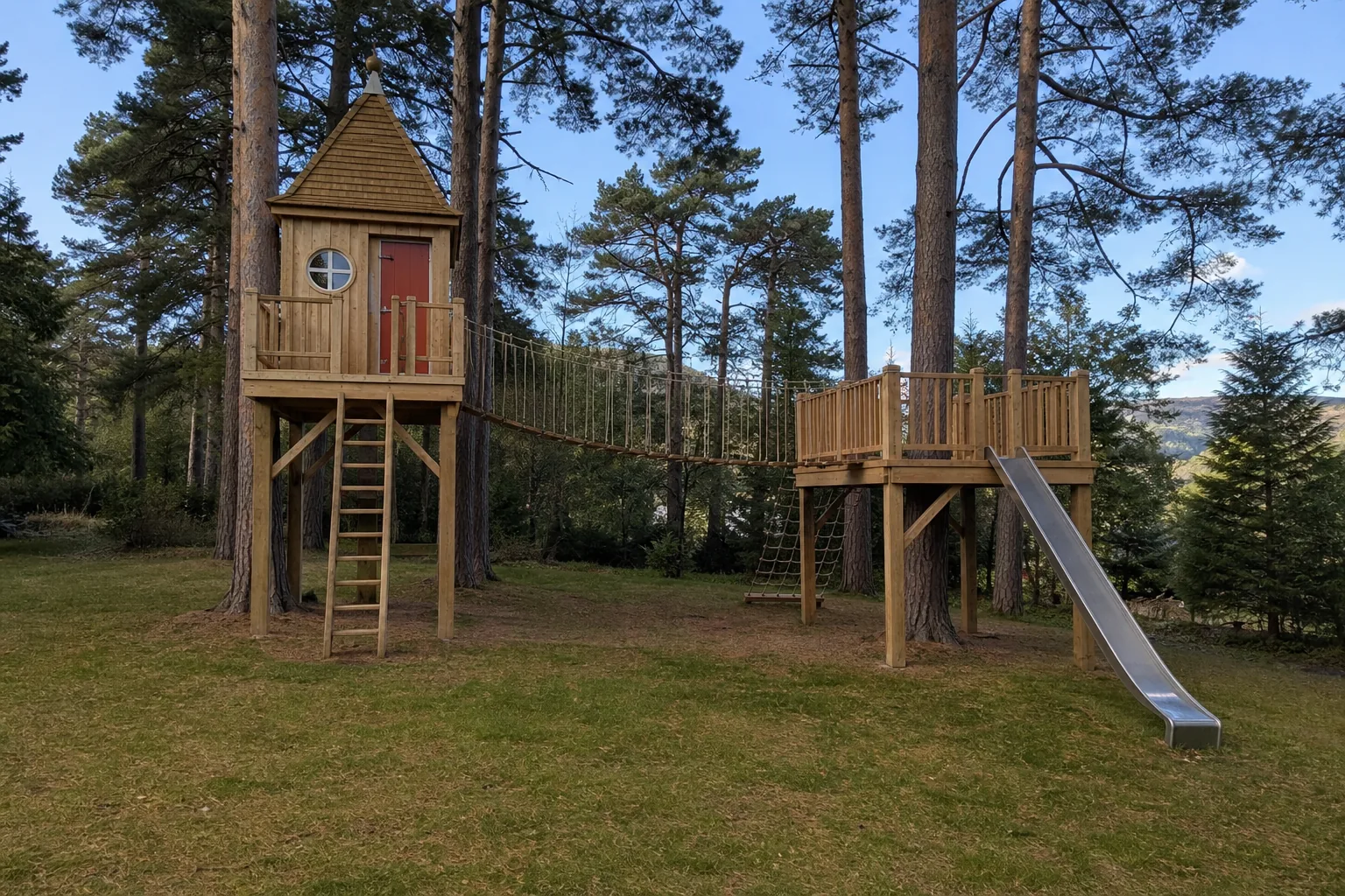 Children's Tree House with a Slide and Rope Bridge, Pitlochry, Perthshire