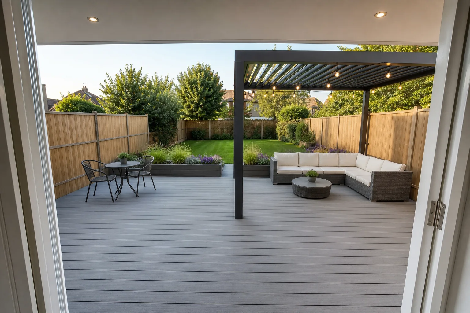 Composite Deck with a Pergola and Outdoor Seating in Leigh-on-Sea, Essex, photo 1 of 5