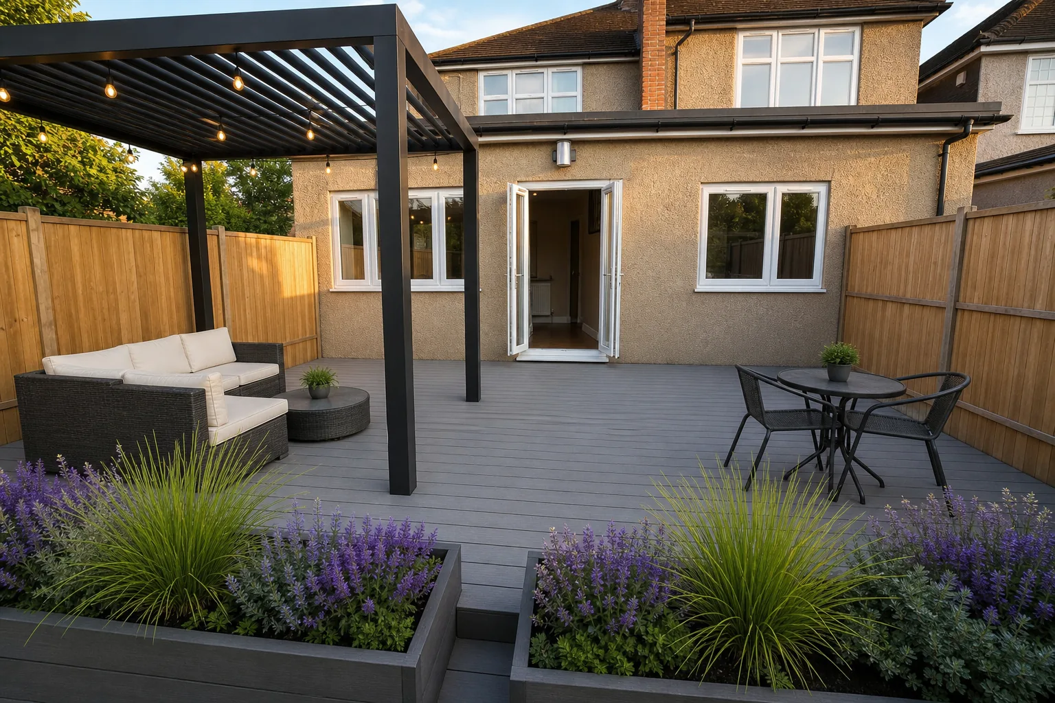 Composite Deck with a Pergola and Outdoor Seating in Leigh-on-Sea, Essex, photo 2 of 5