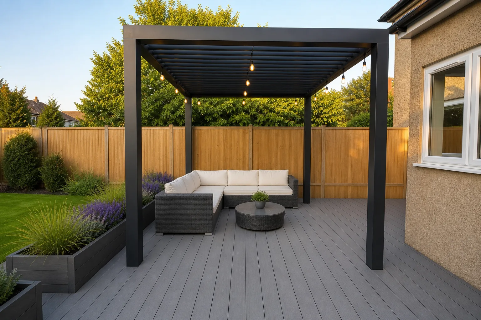 Composite Deck with a Pergola and Outdoor Seating in Leigh-on-Sea, Essex, photo 3 of 5