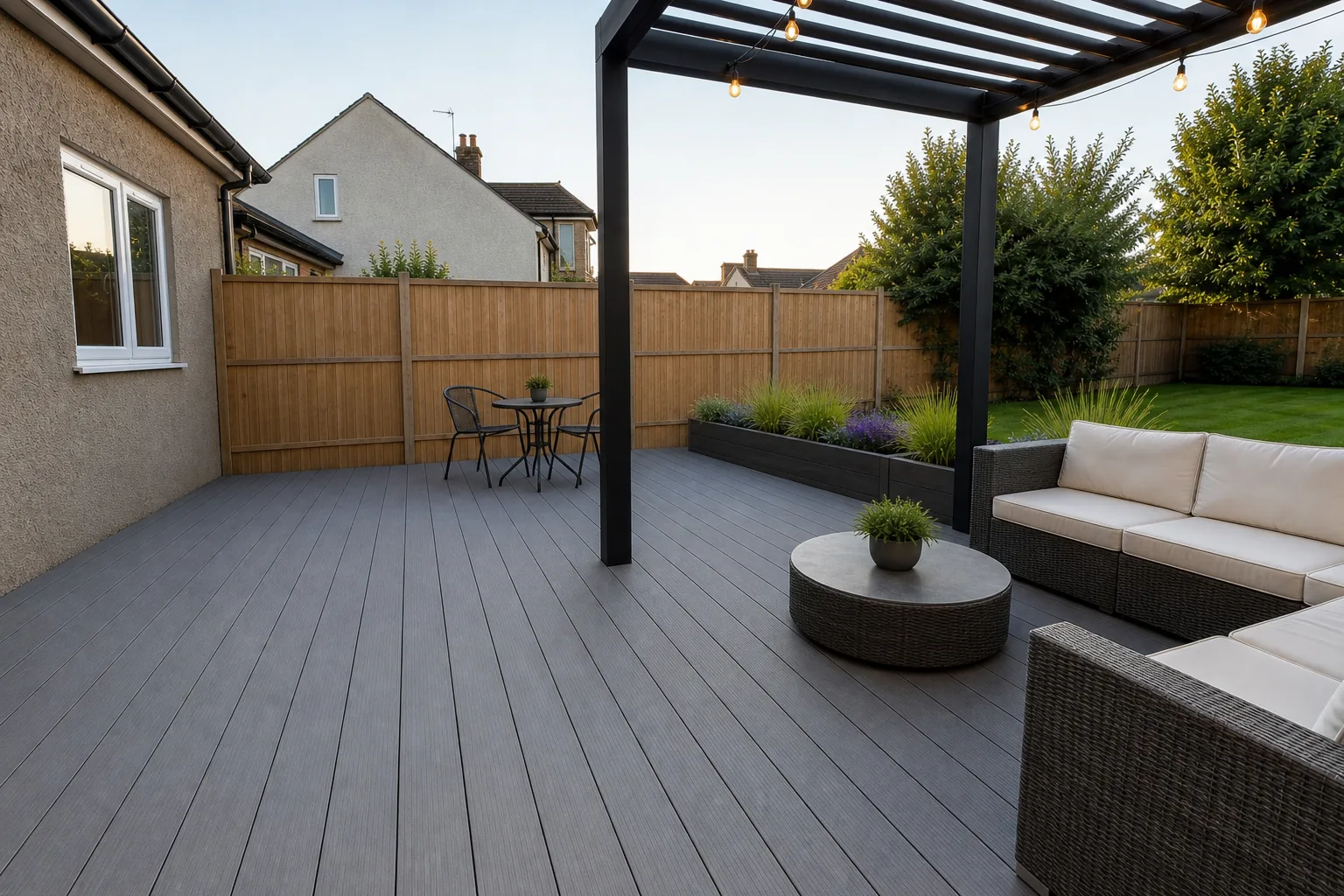 Composite Deck with a Pergola and Outdoor Seating in Leigh-on-Sea, Essex, photo 4 of 5