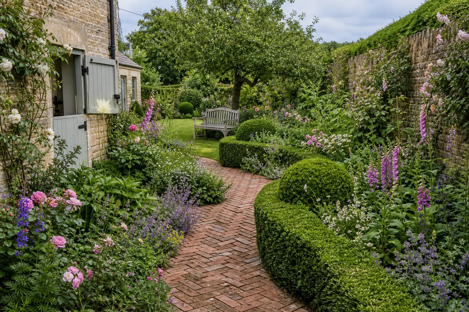 Restored Cottage Garden with Brick Paths and Deep Borders, Frome, Somerset