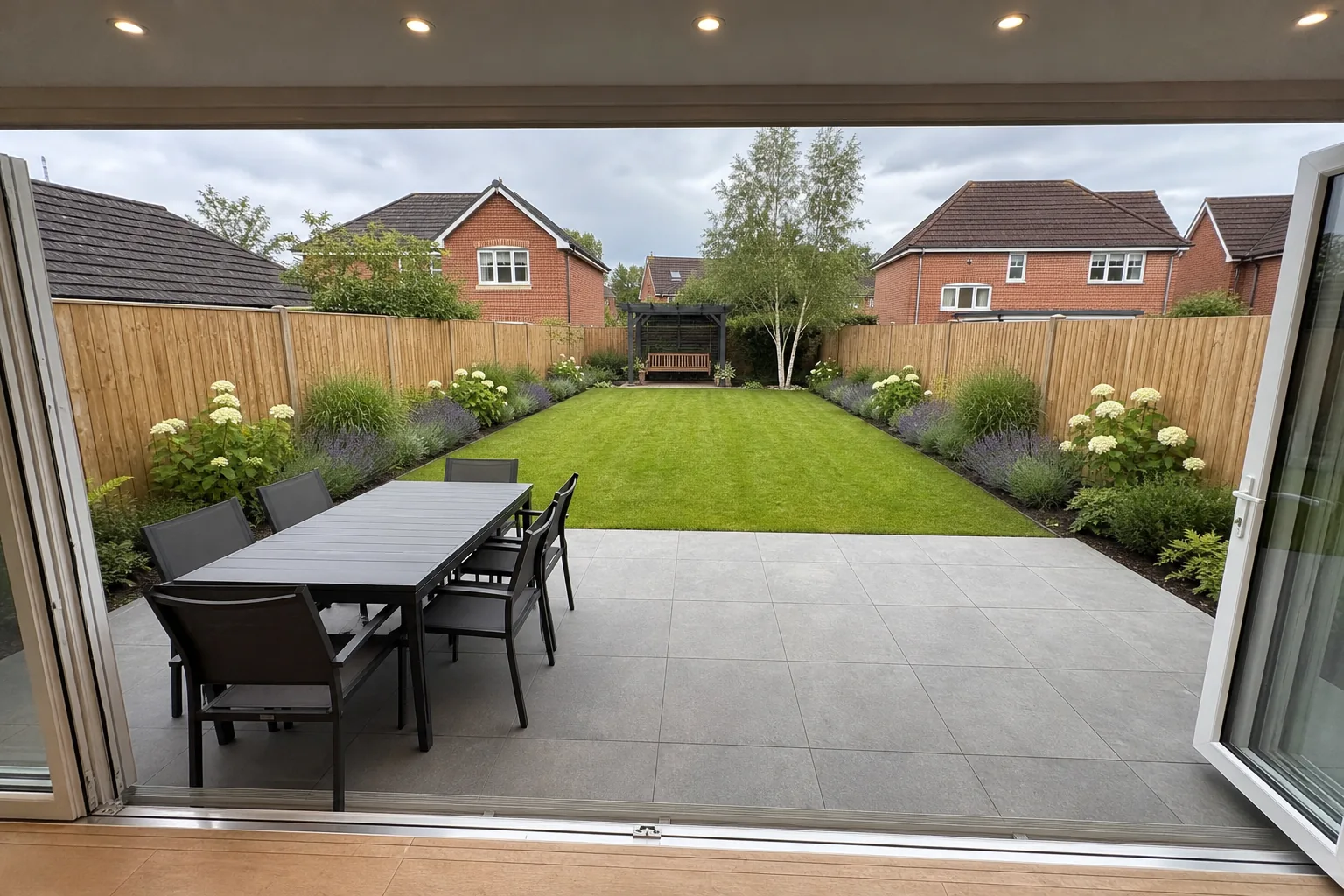 Family Garden with a New Lawn and Planted Borders in Hale, Cheshire, photo 1 of 4