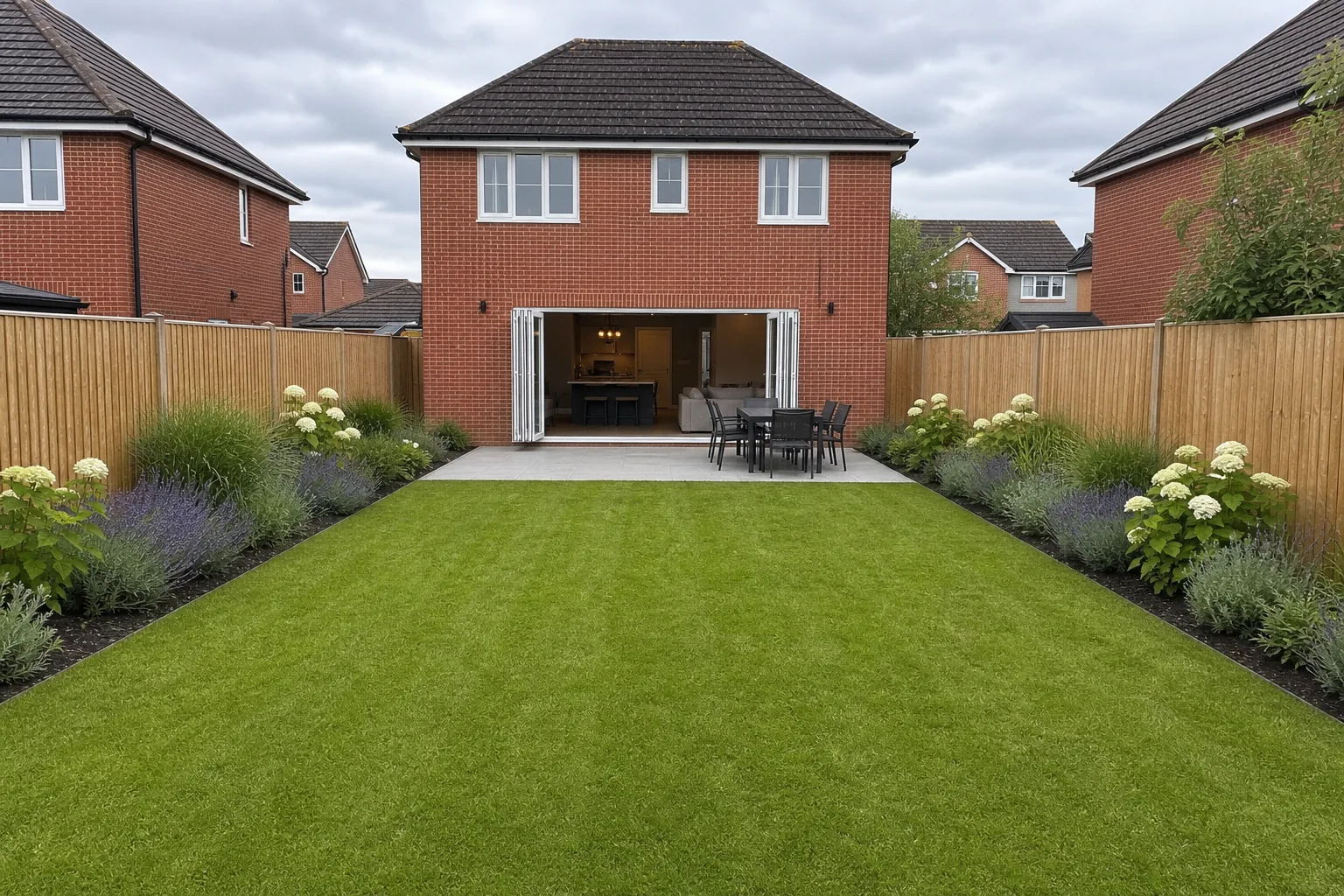 Family Garden with a New Lawn and Planted Borders in Hale, Cheshire, photo 2 of 4