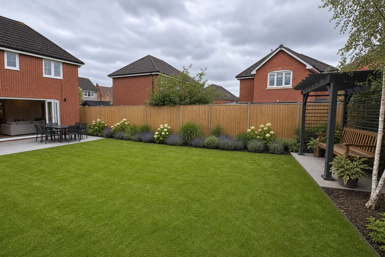 Family Garden with a New Lawn and Planted Borders in Hale, Cheshire, photo 3 of 4