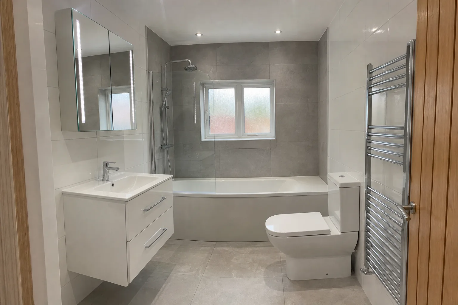Grey Porcelain Bathroom Refit with a Shower Over the Bath, Pennsylvania, Exeter