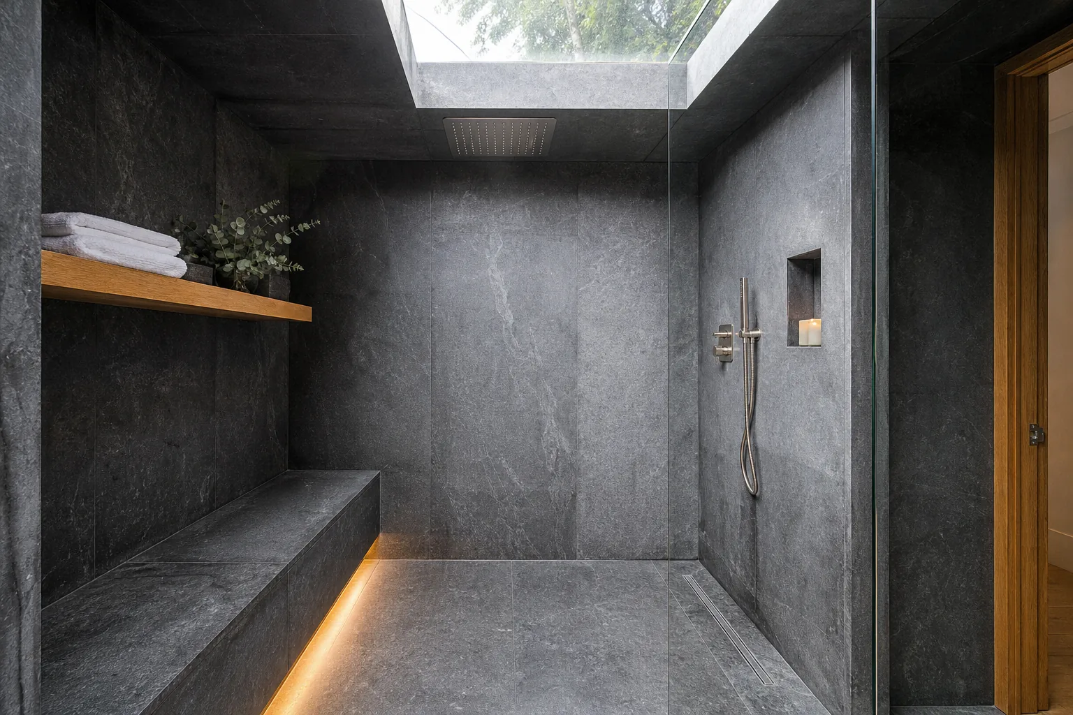 Spa Wet Room in Dark Limestone with a Stone Bench, St Albans, Hertfordshire