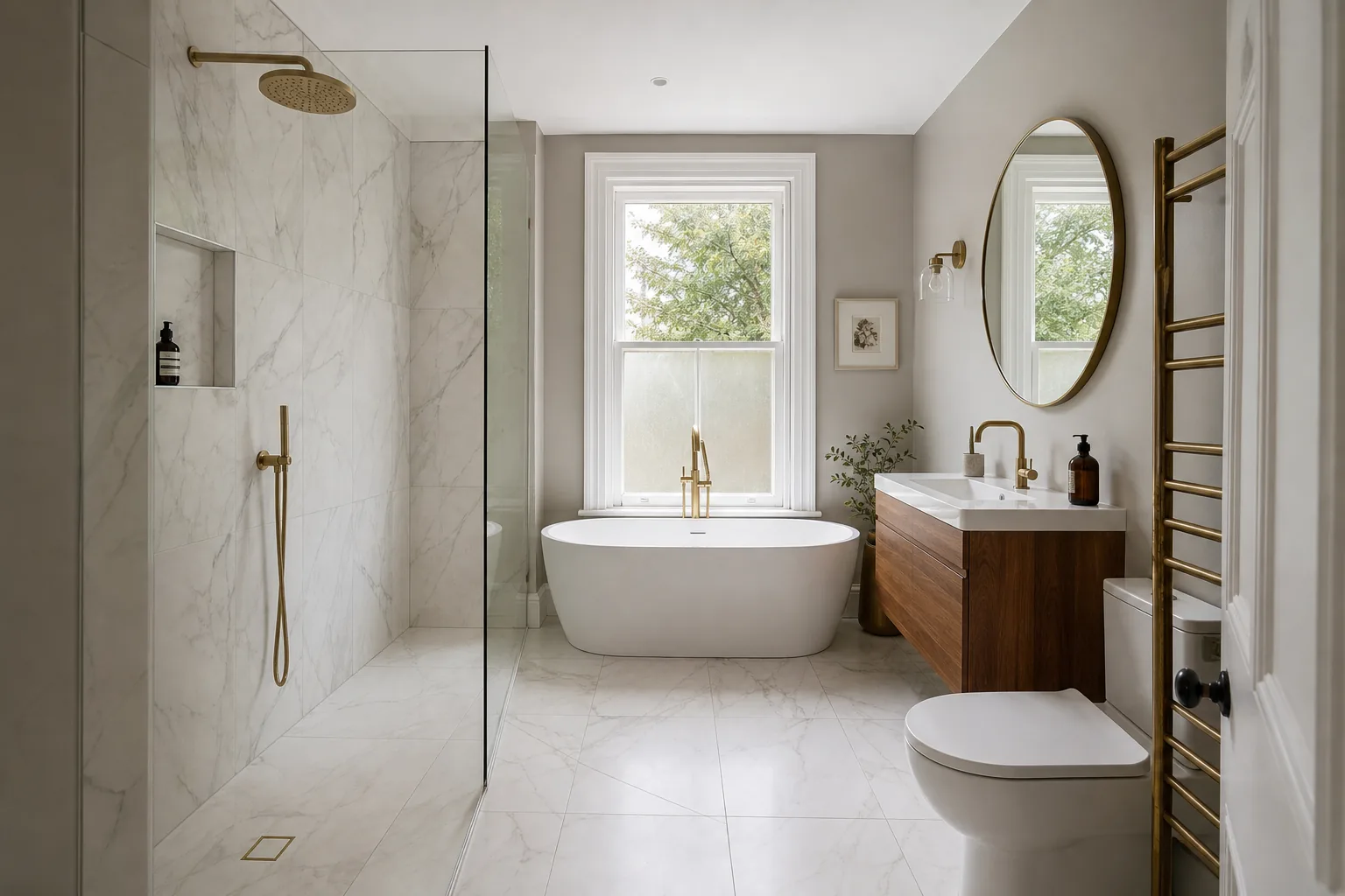 Marble Effect Bathroom with a Freestanding Bath, Roath, Cardiff