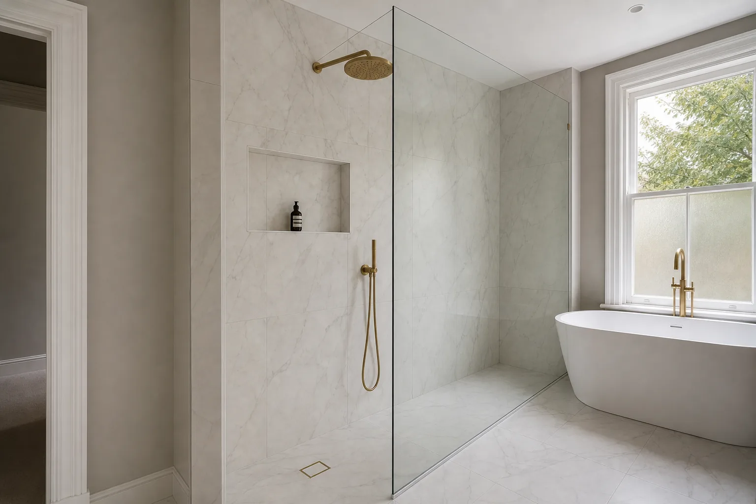 Marble Effect Bathroom with a Freestanding Bath in Roath, Cardiff, photo 3 of 4