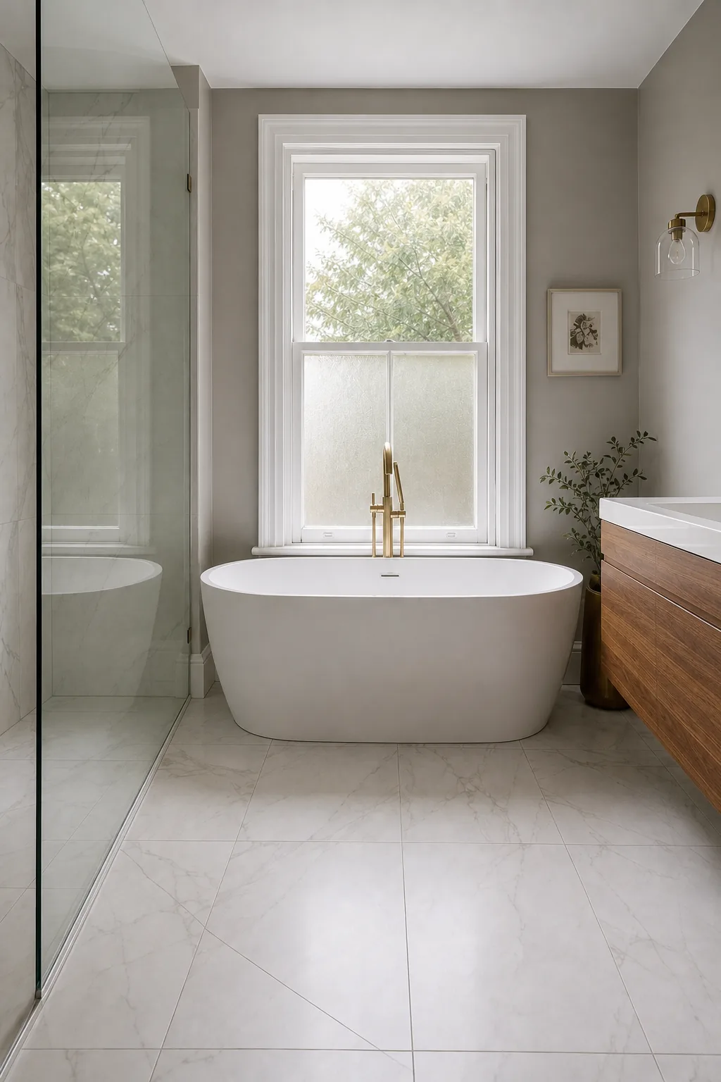 Marble Effect Bathroom with a Freestanding Bath in Roath, Cardiff, photo 4 of 4