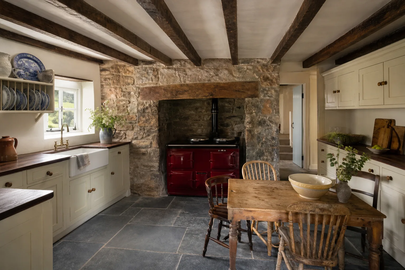 Painted Cottage Kitchen with an Inglenook Range, Llandeilo, Carmarthenshire