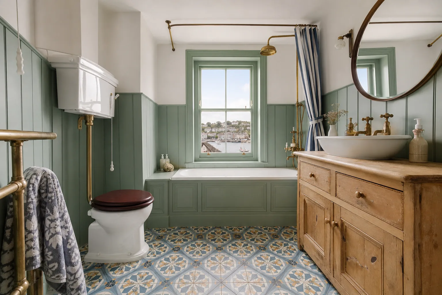 Family Bathroom with a Bold Patterned Tile Floor, Falmouth, Cornwall