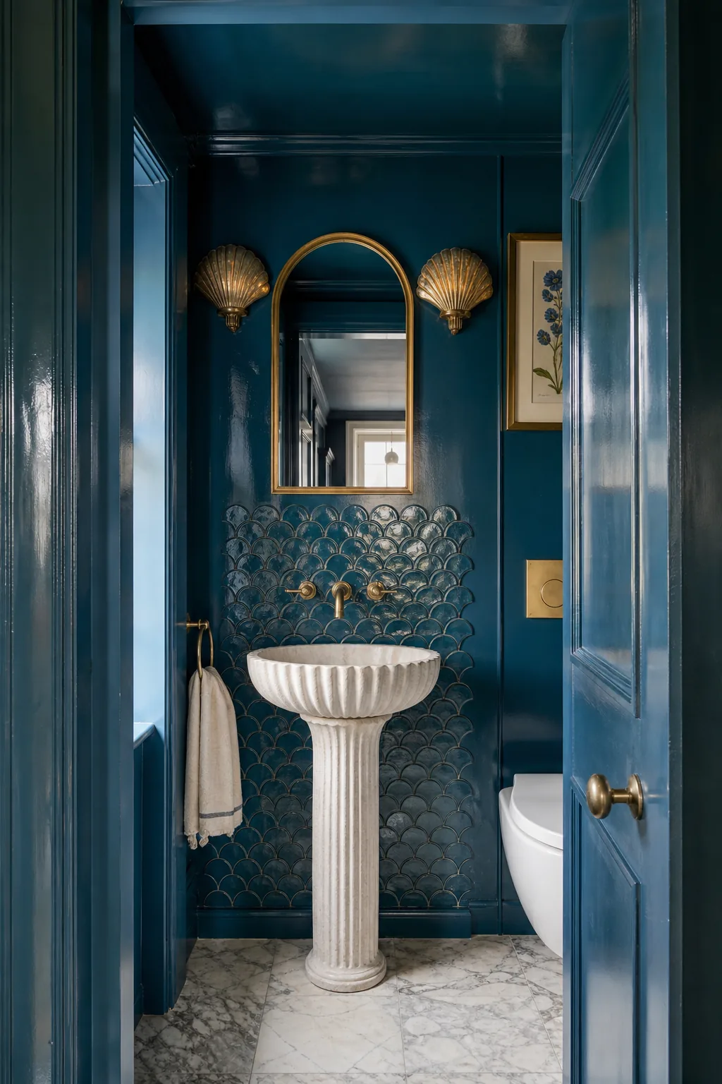 Jewel Box Cloakroom in Peacock Blue with a Fluted Basin, Leamington Spa, Warwickshire