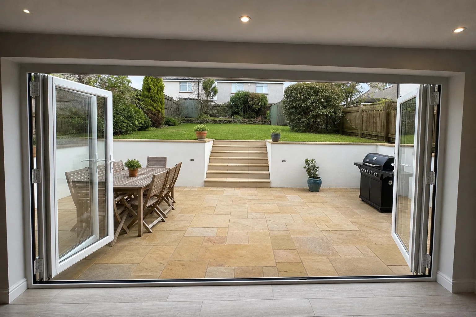 Indian Sandstone Patio with Steps up to the Lawn, Plympton, Plymouth