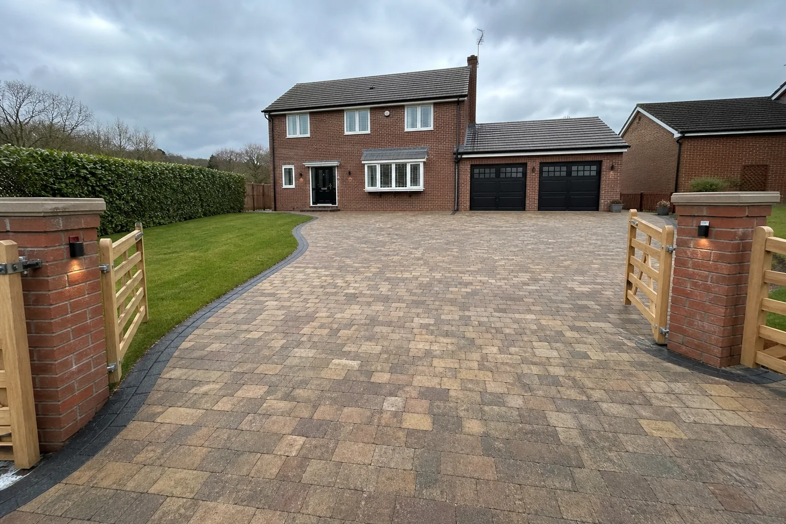 Tegula Block Paved Driveway with Oak Gates, Gresford, Wrexham